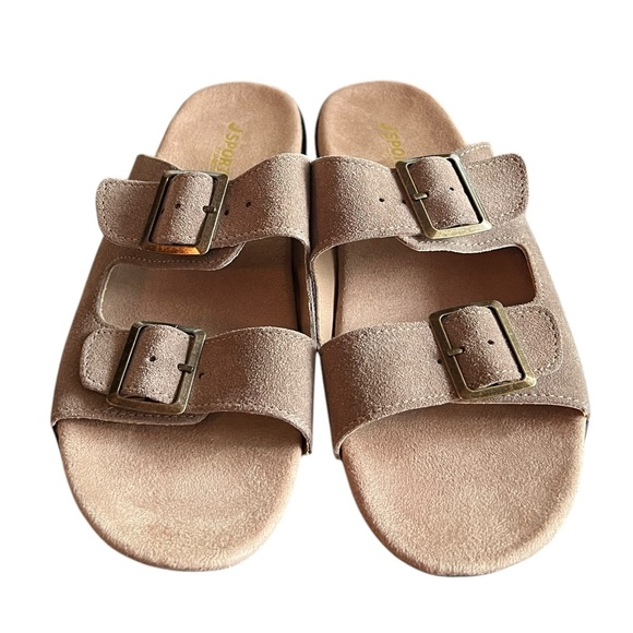 J Sport Jambu Carina Women's 2 Buckle Suede Slip On Slides Flip Flops Tan 8.5 M - Picture 1 of 10